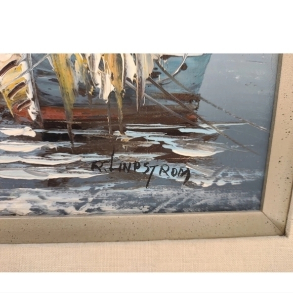 Vintage seascape oil painting, matted and framed by Rikard Lindstrom - Picture 6 of 10